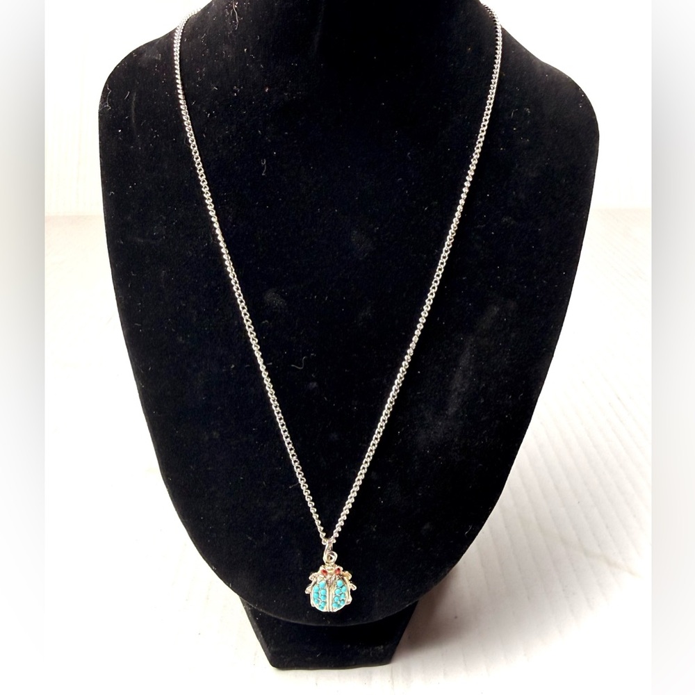 Scarab Beetle Bug Pendant Necklace Silver Tone Turquoise Red Rhinestone Egyptian